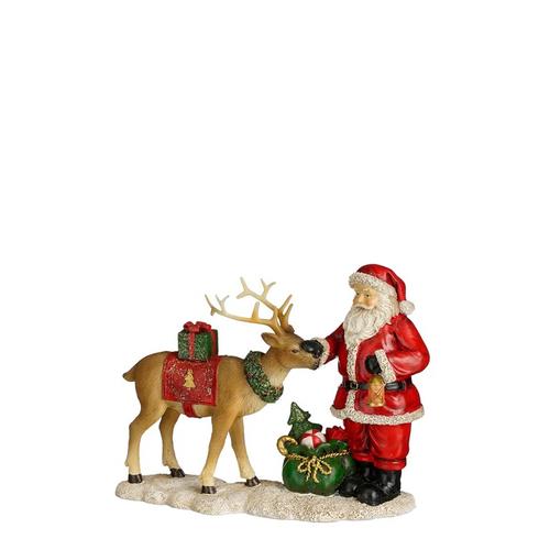 Visuel 1 du produit Père Noël avec cerf en polyrésine rouge - 19,5 x 8 x 15 cm