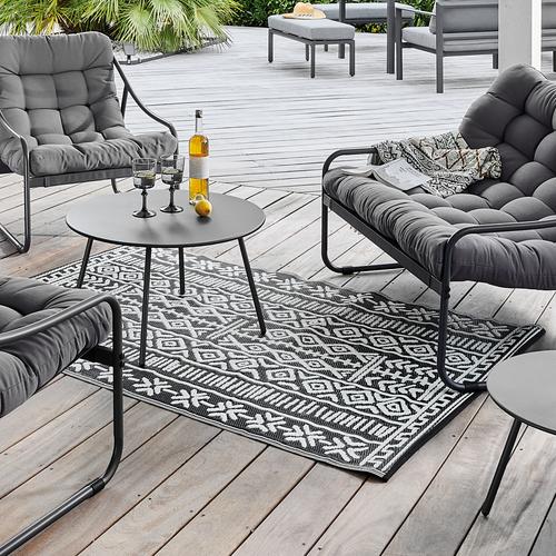 Visuel 1 du produit Tapis d'extérieur en polypropylène recyclé noir et crème Ethnique - 300 x 240 cm