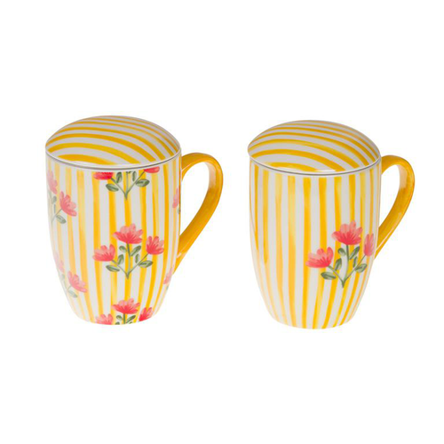 Visuel 1 du produit Coffret mug en céramique à rayures jaunes et motif fleurs avec filtre Louise - 12 x 9 x 12 cm