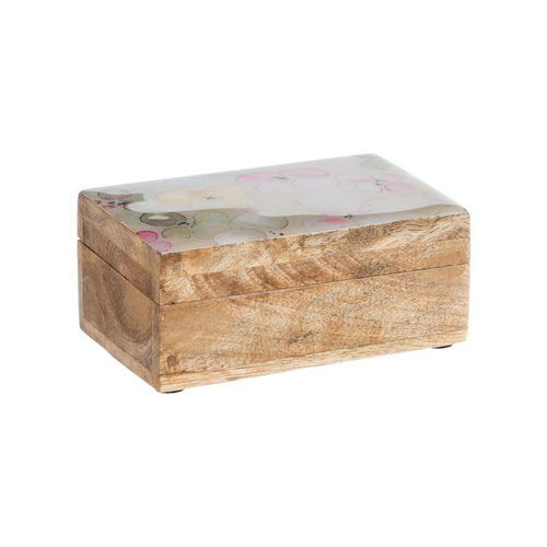 Visuel 1 du produit Boîte en bois de manguier à décor floral pêche grand modèle - 20 x 15 x 10 cm