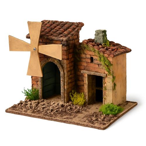Visuel 1 du produit Village de Noël maisonnette avec moulin à vent électrique 220 V coloris marron - 17 x 12 x 20 cm