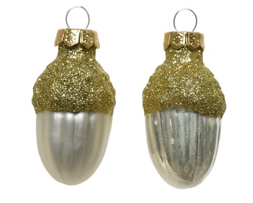 Visuel 1 du produit Boîte de 12 glands en verre mat ou brillant avec paillettes or - Ø 3 x H 4 cm