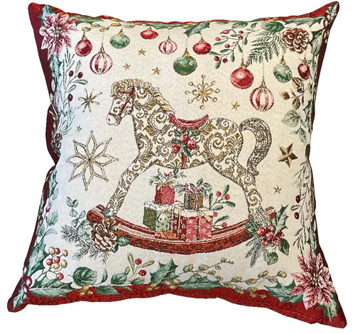 Visuel 1 du produit Coussin blanc, rouge et vert en PE/coton à motif cheval à bascule Séraphin - 45 x 45 cm