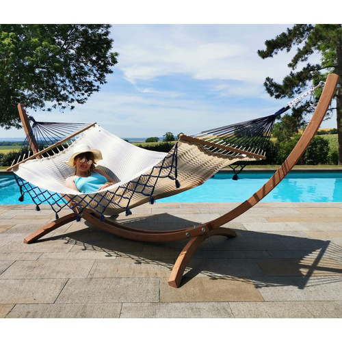 Visuel 5 du produit Set support et hamac EsKapade coloris rayé marine à franges bleues en bois et polypropylène Jobek Hamacs - 323 x 125 x 128 cm