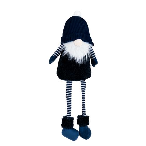 Visuel 1 du produit Peluche décorative de Noël gnome assis bonnet jambes flexibles en polyester coloris bleu et blanc - H 67 cm