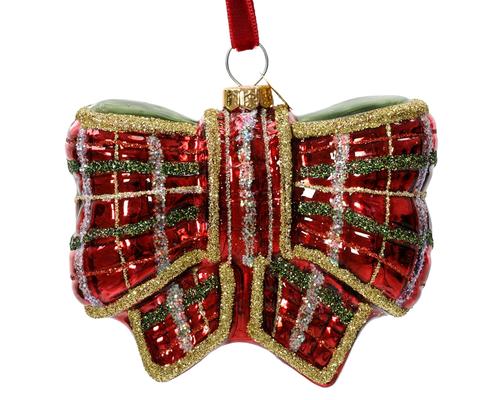 Visuel 1 du produit Nœud à suspendre en verre à motif tartan bordeaux - 8,8 x 3,4 x 8 cm