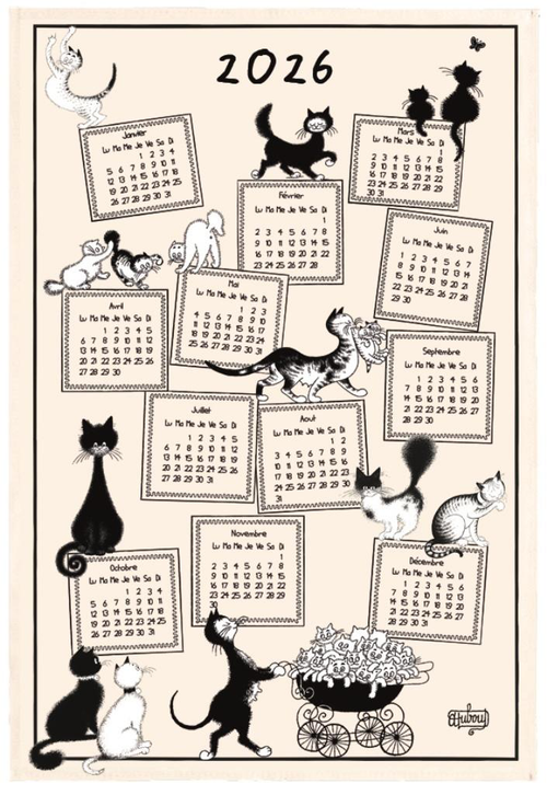 Visuel 1 du produit Torchon beige en coton motif chats Dubout Calendrier 2026 - 48 x 72 cm
