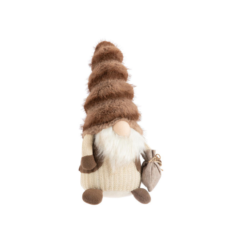 Visuel 1 du produit Gnome brun et beige assis avec bonnet fluffy petit modèle - 42 cm