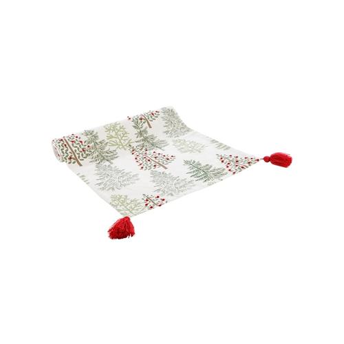 Visuel 1 du produit Chemin de table en coton crème à motif sapins verts et rouges - 150 x 50 cm