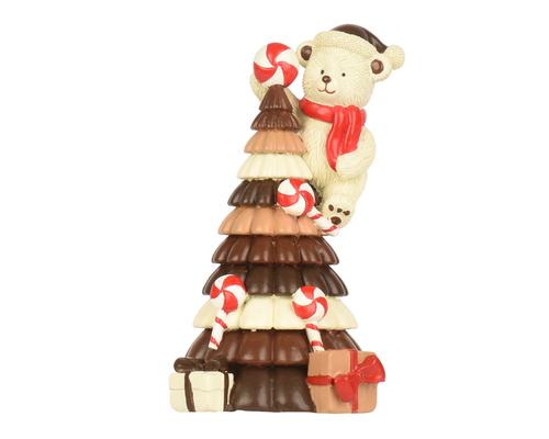 Visuel 1 du produit Ours sur sapin en chocolat en polyrésine brun et blanc - 9,5 x 10 x 17,5 cm