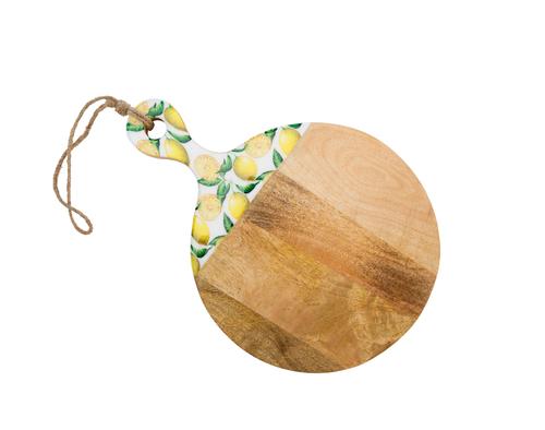 Visuel 1 du produit Planche ronde en bois de manguier naturel émaillé à décor citron jaune - 41 x 30 x 3 cm