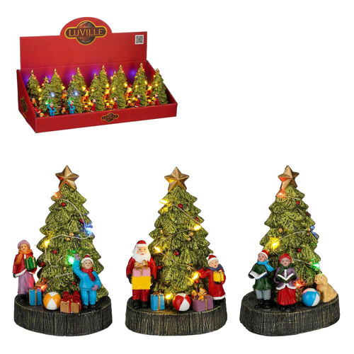 Visuel 1 du produit Scénette lumineuse sapin de Noël multicolore avec personnages et cadeaux - 10 x 16 cm