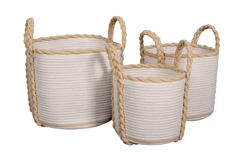 Visuel 1 du produit Panière poignées tressées coloris blanc en polyester - Ø 30 cm