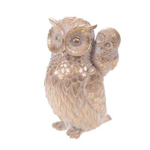 Visuel 1 du produit Chouette enchantée et son bébé en tissu beige doré - 12 x 11 x 20 cm