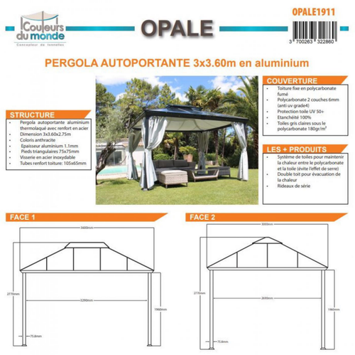 Visuel 5 du produit Pergola autoportante OPALE anthracite COULEURS DU MONDE - 3x3.60m
