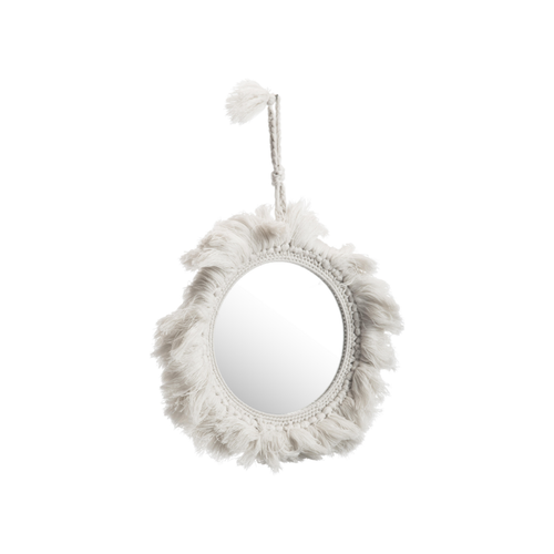 Visuel 1 du produit Miroir rond à décor pompons beige en verre acrylique et bois - Ø 30 cm