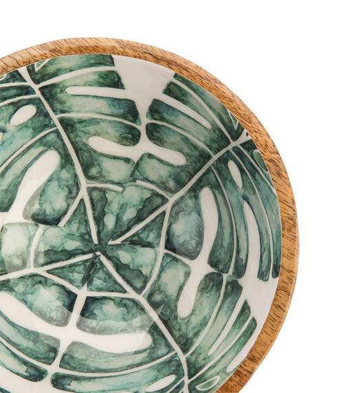 Visuel 2 du produit Saladier rond en bois de manguier intérieur émaillé décor feuilles vert- Ø 25 x H 13 cm