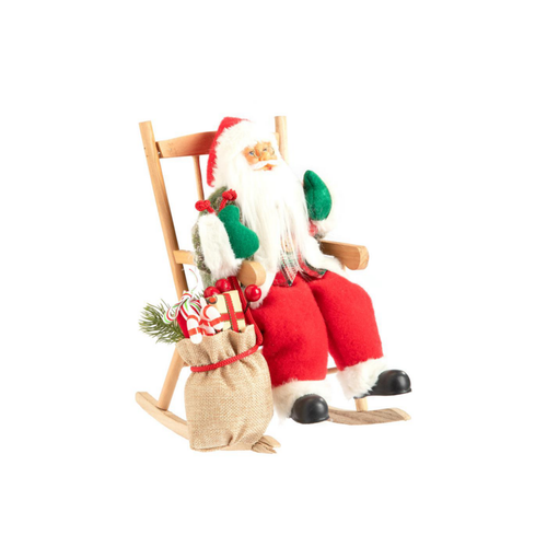 Visuel 1 du produit Père Noël avec habit vert et rouge assis sur rocking chair - 30 cm
