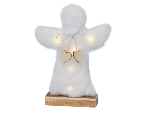 Visuel 1 du produit Ange en fourrure blanche à micro LED blanc chaud sur socle en bois  - 5 x 20 x 27,5 cm