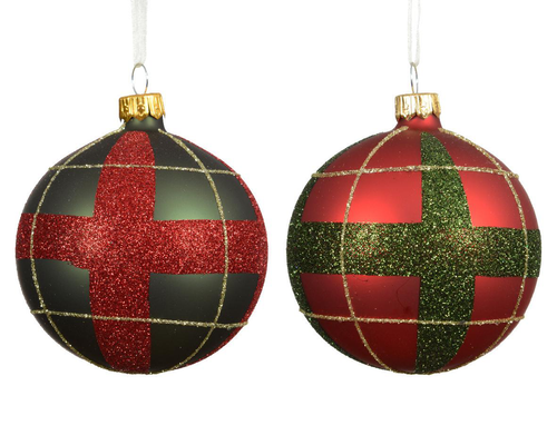 Visuel 1 du produit Boule en verre mate Christmas red et pine green avec décor carreaux - Ø 8 cm