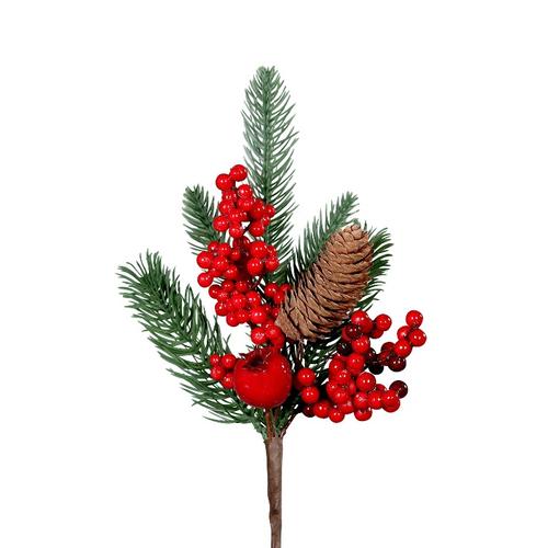 Visuel 1 du produit Pique de sapin artificiel vert avec pomme de pin et baies rouges - 31 cm