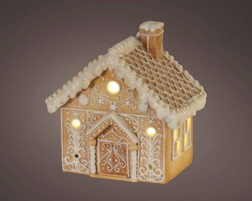 Visuel 1 du produit Maison biscuit à LED en polyrésine brune - 9 x 13,5 cm