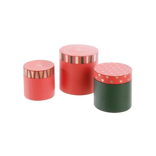 Visuel 1 du produit Ensemble de 3 boîtes décorées en carton et papier rouge et vert - Ø 10,2, Ø 9 et Ø 7,5 cm