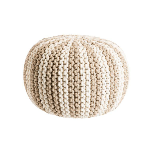 Visuel 1 du produit Pouf rond tricoté main rayé en coton et jute beige et blanc - Ø 50 x H 35 cm