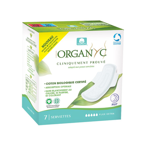 Visuel 1 du produit Serviettes périodiques extra nuit en coton bio et pochette individuelle Organyc - les 7 unités