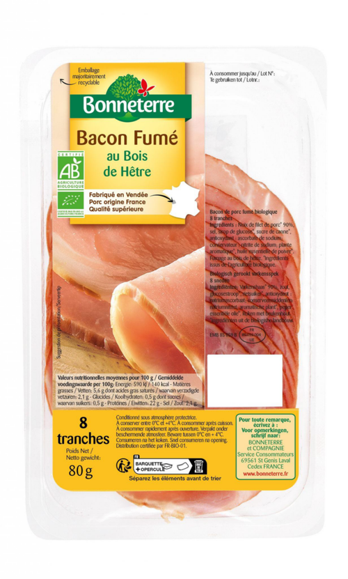 Visuel 1 du produit Bacon bio fumé au bois de hêtre 8 tranches Bonneterre – 80 g