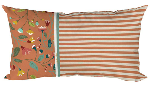 Visuel 1 du produit Coussin déco en polyester/coton rayé et fleuri coloris terra Victorine - 50 x 30 x 15 cm