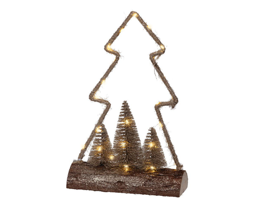 Visuel 1 du produit Sapin en jute marron sur buche en bois à micro LED or et blanc chaud  - 9 x 23,5 x 34 cm