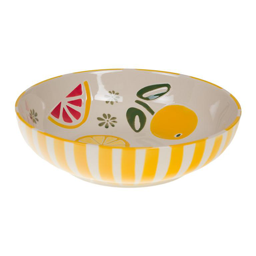 Visuel 1 du produit Saladier en grès à rayures jaunes et motif fruits Zestine - Ø 28 x H 7,5 cm