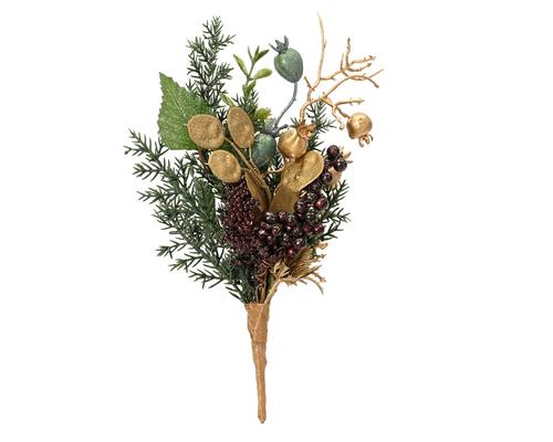 Visuel 1 du produit Composition artificielle sur pique avec baies scintillantes en plastique or et vert - 8 x 13 x 29 cm