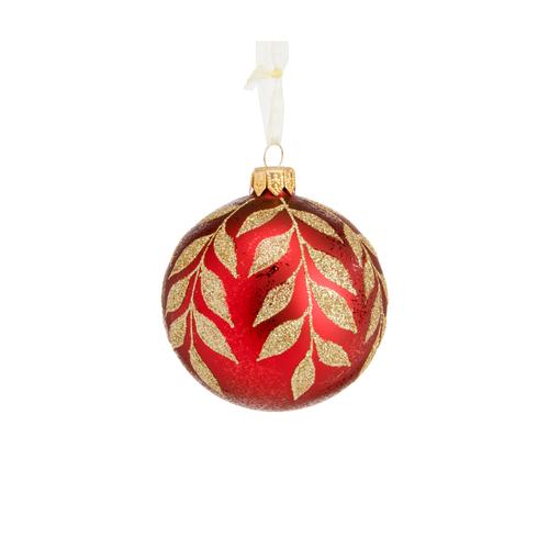 Visuel 1 du produit Boule de Noël en verre bordeaux à motif feuillage or - Ø 8 cm