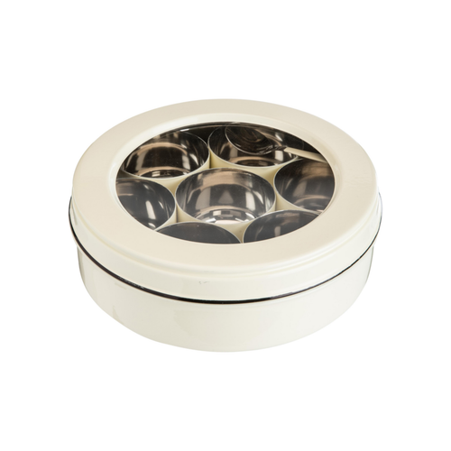 Visuel 1 du produit Boîte ronde à épices en acier inoxydable ivoire avec cuillère - Ø 20 x H 7 cm
