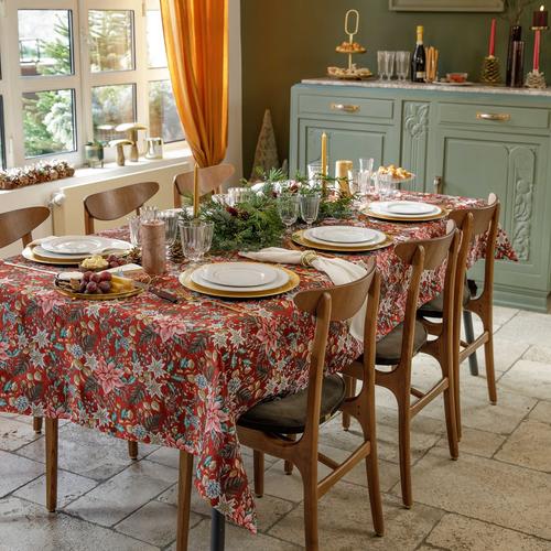 Visuel 5 du produit Nappe rouge en PE/coton à motifs roses, blancs et verts Poinsettia - 150 x 250 cm