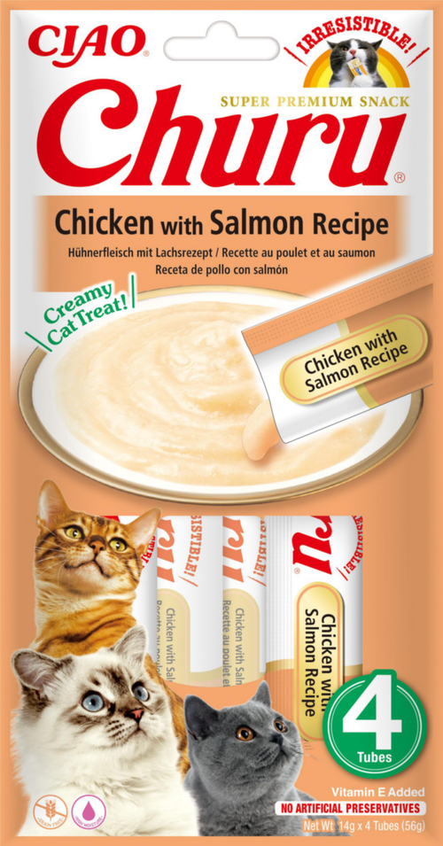 Visuel 1 du produit Friandise en crème pour chat poulet et saumon Inaba Ciao Churu - 4 x 14 g