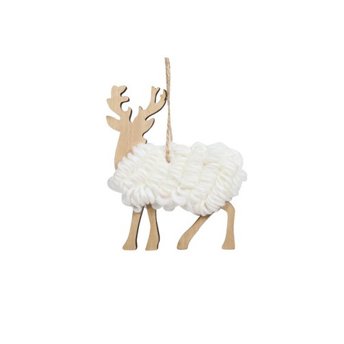Visuel 1 du produit Suspension renne laine coloris blanc en bois - 10 x 2,5 x 10 cm