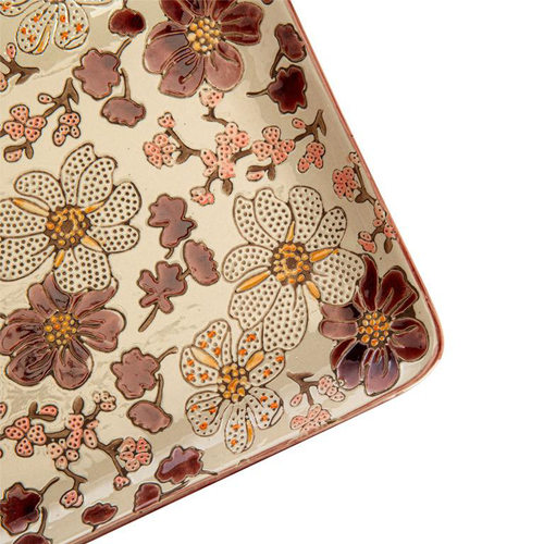 Visuel 2 du produit Plat à cake en grès  beige à fleur pourpre Kiyo - 36 x 16 cm