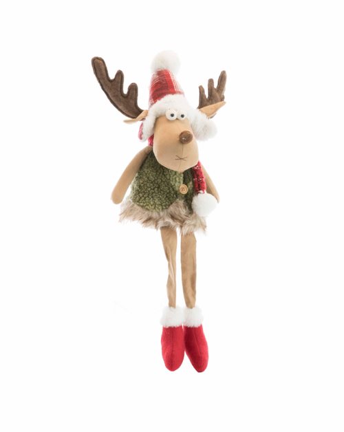 Visuel 1 du produit Renne garçon assis traditionnel en tissu avec chapka rouge - 28 x 18 x 82 cm