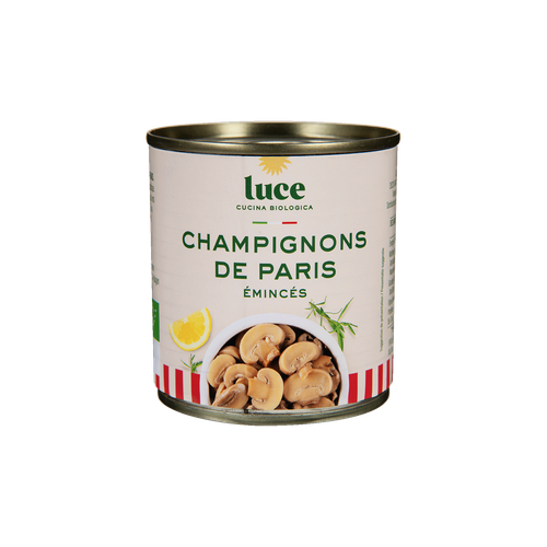 Visuel 1 du produit Champignon de Paris émincés bio Luce en boîte de 200 g - les 3 boîtes