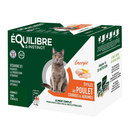 Visuel 1 du produit Pâtée "Énergie effilés" pour chat adulte ou stérilisé au poulet et à la courge Équilibre & Instinct - 12 x 85 g