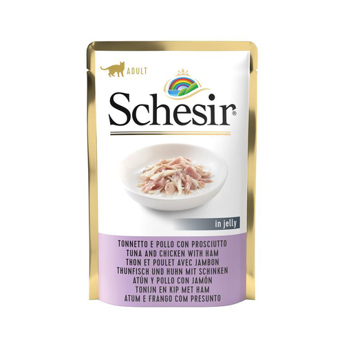 Visuel 1 du produit Aliment humide pour chat thon et poulet avec jambon sachet en gelée Schesir - 85 g