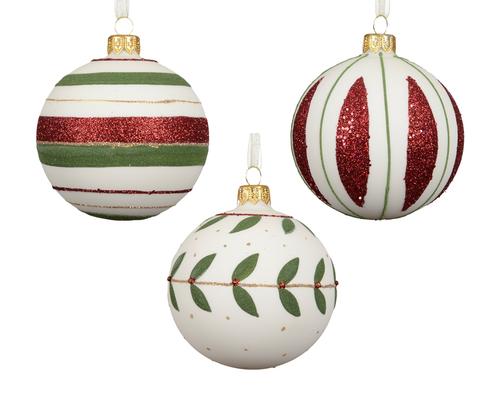 Visuel 1 du produit Boule de Noël en verre crème, bordeaux et vert - Ø 8 cm