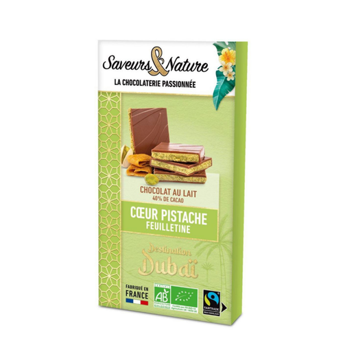 Visuel 1 du produit Tablette chocolat au lait fourrée pistache et feuilletine bio Saveurs et Nature - 90 g