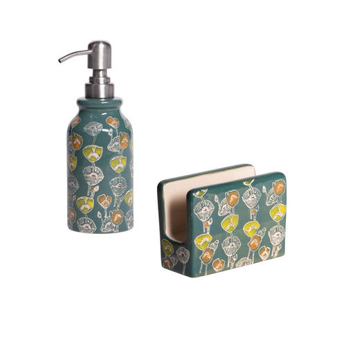 Visuel 1 du produit Coffret distributeur de savon et porte-éponge en grès vert à motifs Oliva - les 2 pièces