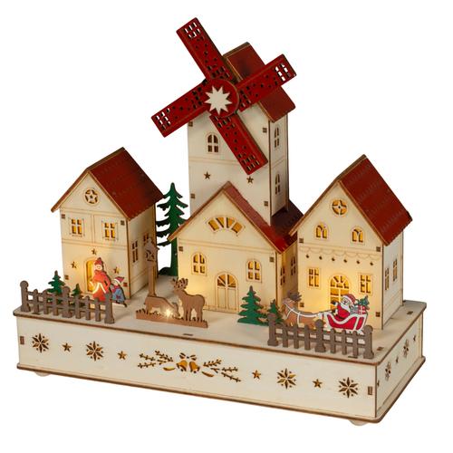 Visuel 1 du produit Village de Noël en bois animé moulin LED blanc chaud intérieur - L 12 x 28 x H 26,50 cm