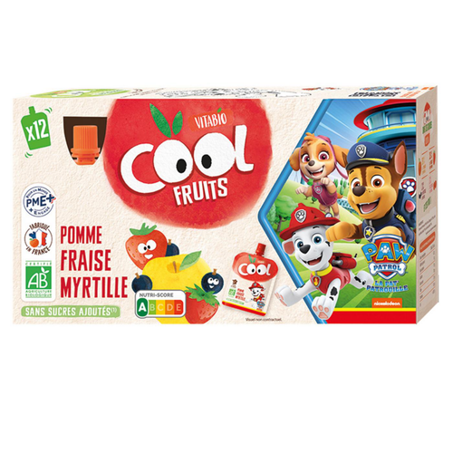 Visuel 1 du produit Pack de 12 gourdes de purée de fruits pomme fraise myrtille Vitabio Pat’ Patrouille - 12 x 90 g