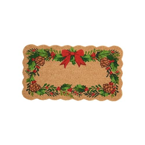 Visuel 1 du produit Paillasson en fibre de coco naturel à bords découpés et motif couronne d’hiver verte et rouge - 72 x 40 cm